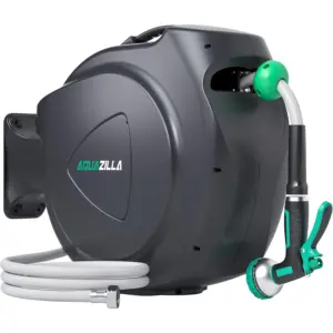 Retractable Garden Hose Reel 65ft+6ft 5/8" Wall Mount with 180° Swivel, 9 Pattern Sprayer, Auto Rewind, Any Length Lock