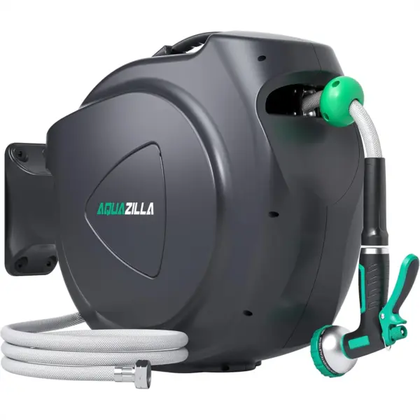 Retractable Garden Hose Reel 65ft+6ft 5/8" Wall Mount with 180° Swivel, 9 Pattern Sprayer, Auto Rewind, Any Length Lock