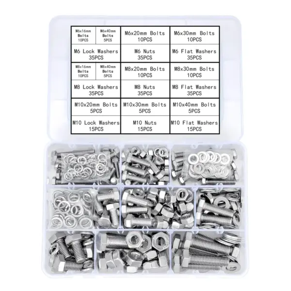 340-Piece M6/M8/M10 Stainless Steel Hex Bolts and Nuts for Machine Screw Classification Kits (Metric), Mounting Screws for Bathr