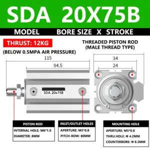 ABILKEEN SDA20X75B SDA Series Thin Air Cylinder 20MM Male Thread Bore X 75MM Stroke Double Acting Pneumatic Compact Cylinder