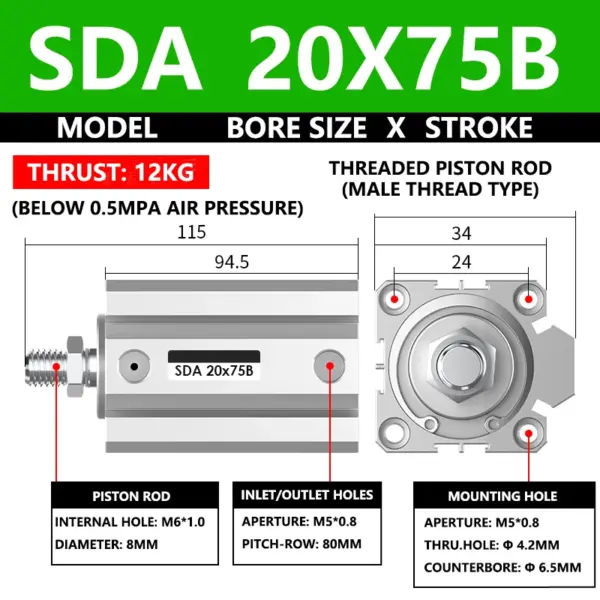 ABILKEEN SDA20X75B SDA Series Thin Air Cylinder 20MM Male Thread Bore X 75MM Stroke Double Acting Pneumatic Compact Cylinder