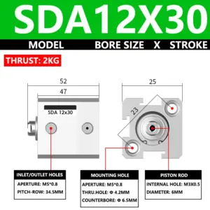 ABILKEEN SDA12X30 SDA Series Thin Air Cylinder 12MM Female Thread Bore X 30MM Stroke Double Acting Pneumatic Compact Cylinder