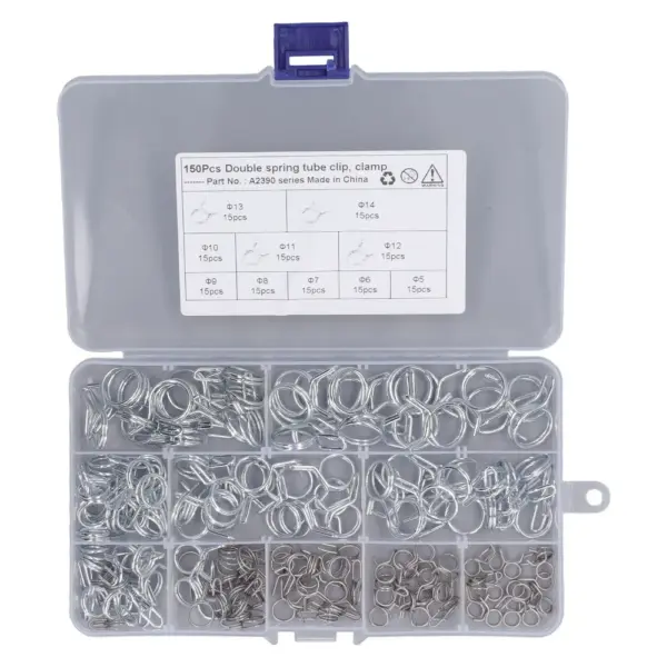 150Pcs 5-14mm​ Double Wire Spring Clips​ High Hardness Stainless Steel Hose Clamp Corrosion Resistance Double Wire
