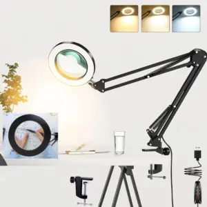 Magnifying Glass with Light 3 Color Mode Stepless Dimmable Clamp Magnifier Adjustable Swing Arm LED Desk Lamp for Close Work