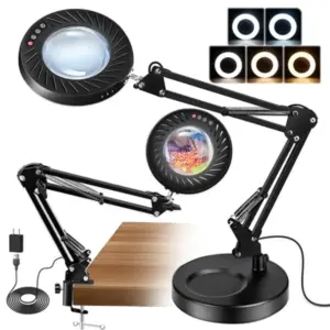 12X Magnifying Glass with Light and Stand 144 LED Real Glass Magnifying Desk Lamp with Base and Clamp 5 Color Modes 9-Level Dim