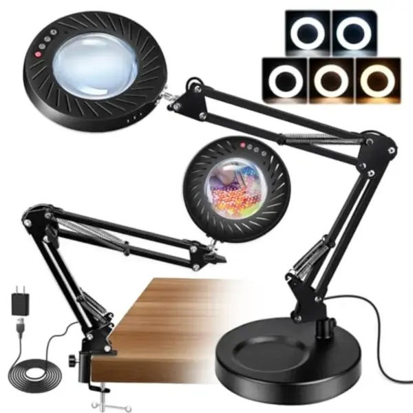 12X Magnifying Glass with Light and Stand 144 LED Real Glass Magnifying Desk Lamp with Base and Clamp 5 Color Modes 9-Level Dim