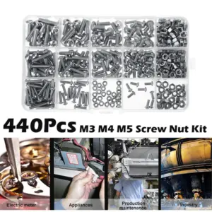 440pcs Screws and Nuts Set Stainless Steel Hex Socket Head Cap Screw Nut Tool Box[M3 M4 M5 8mm, 12mm 16mm 20mm]