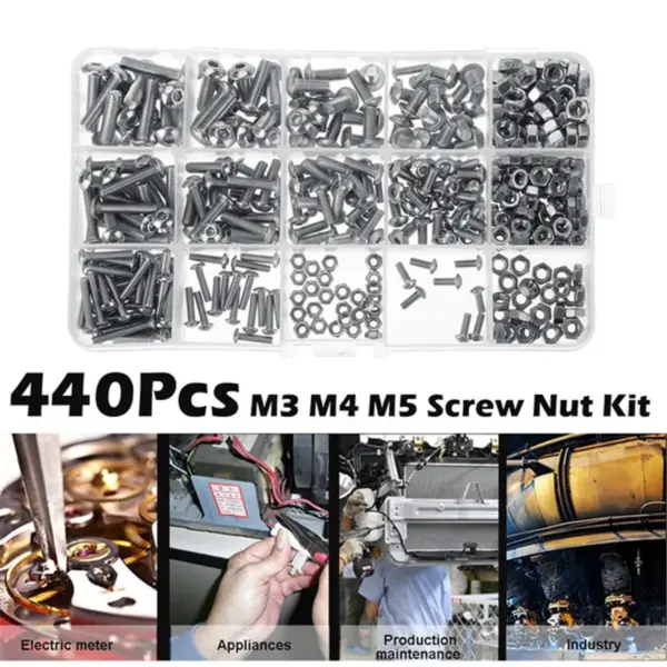 440pcs Screws and Nuts Set Stainless Steel Hex Socket Head Cap Screw Nut Tool Box[M3 M4 M5 8mm, 12mm 16mm 20mm]