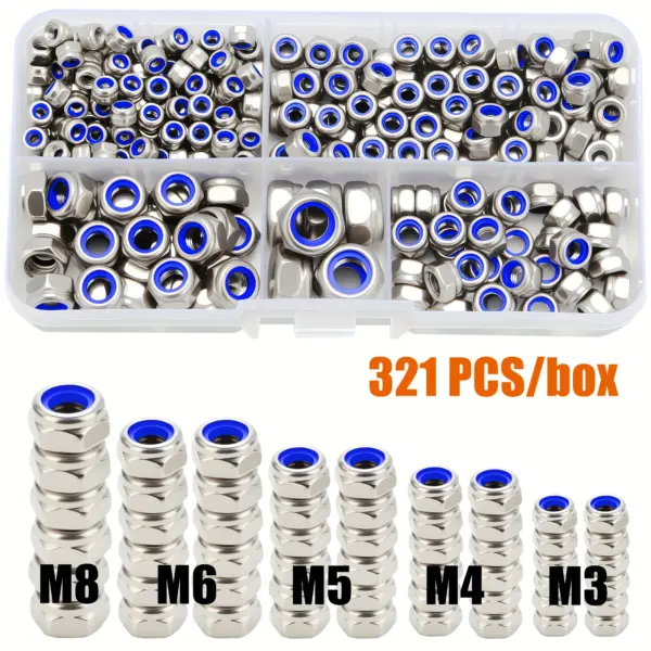 321-Piece A-Grade Stainless Steel M3 M4 M5 M6 M8 Nylon Anti-Loosening Nut Set, Right-Hand Thread Anti-Loosening Design, Transparent Storage, Suitable for Home Decoration Industry and Scientific Applications, Industrial Bolts, Mechanical Assembly, Precision Bolts, Durable Bolts, High-Quality Bolts, Bolt Set, Threaded Inserts, DIY Enthusiasts, Engineers, Industrial-Grade Bolts, Precision Manufacturing Components