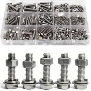 240-piece stainless steel hex bolt, nut, and washer set, M4/M5, lengths 16mm, 20mm, 25mm.