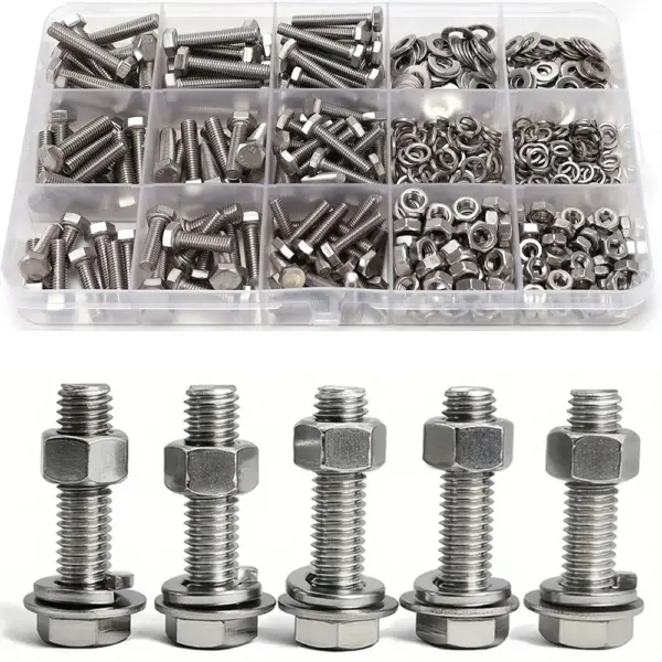 240-piece stainless steel hex bolt, nut, and washer set, M4/M5, lengths 16mm, 20mm, 25mm.