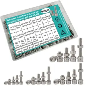 960-piece stainless steel socket head cap bolt, nut, and flat washer set, M3, M4, M5, M6, lengths 8mm, 12mm, 16mm, 20mm.