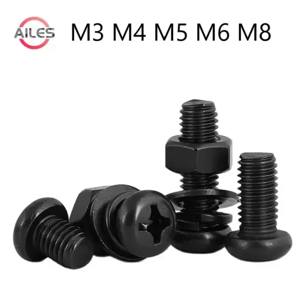 Black 304 Stainless Steel Cross Recessed Pan Round Head Machine Screws Washers Nuts Bolts Set M3 M4 M5 M6 M8