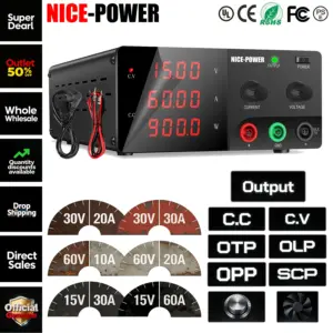 Nice-Power 15V 30V 60V DC Power Supply Variable, 10A 20A 30A 60A High Power Bench Power Supply with Encoder Knob/Output Switch