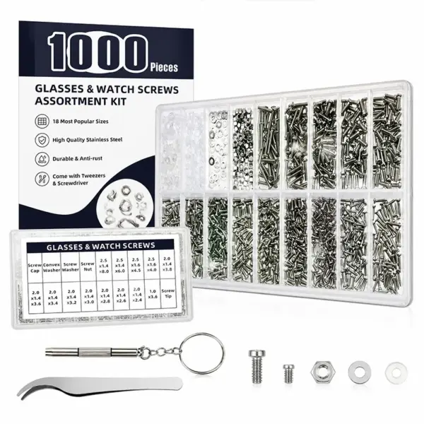 1000 Pcs Eyeglass Repair Kit with Screws Nuts Washers & Precision Screwdriver Set for Glasses Watch Jewelry Repair Tools
