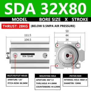 ABILKEEN SDA32X80 SDA Series Thin Air Cylinder 32MM Female Thread Bore X 80MM Stroke Double Acting Pneumatic Compact Cylinder