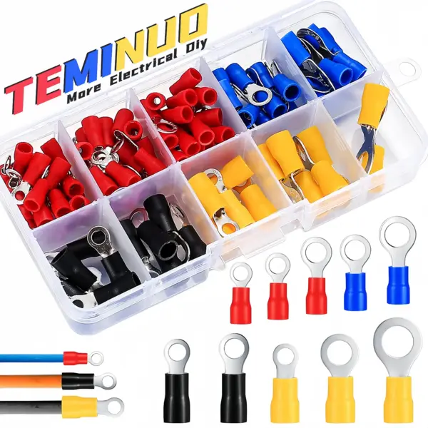 66/106Pcs Insulated Ring Terminal Kit- Tinned Brass Wire Crimp Connectors with Insulation Sleeve for Automotive, RV, Electrical