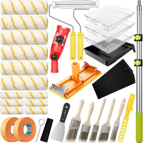 38 Piece Paint Roller Kit with Extension Pole Rollers Brushes and Supplies for Walls Ceilings and Home Renovation