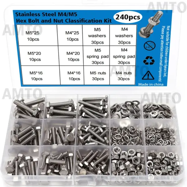 A kit of 240 stainless steel hex bolts and nuts, sizes: M4/M5, lengths: 16mm, 20mm, 25mm.