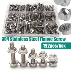 192 pcs 304 stainless steel hexagonal flange bolt and nut set, sizes M5/M6/M8, lengths: 10mm,12mm,16mm,20mm,25mm,30mm,35mm