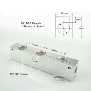 BSPP G1/2" Female Thread 27x36mm 2-10 Ways 4-12 Ports Aluminum Manifold Pneumatic Block Air Distribution Block Splitter