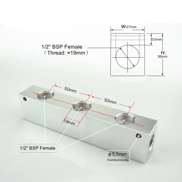 BSPP G1/2" Female Thread 27x36mm 2-10 Ways 4-12 Ports Aluminum Manifold Pneumatic Block Air Distribution Block Splitter
