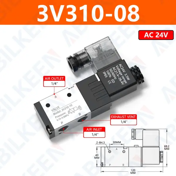 ABILKEEN 2V310-08/10 Air Solenoid Valves Normally Closed 3 Way 2 Position Pneumatic Solenoid Valve 12V 24V 36V 110V 220V