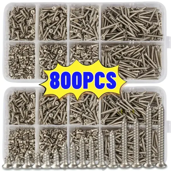 800pcs Self Wood Screws Set, M2 Flat Head Sheet Metal Screw, Self Screws Assortment Kit Lock Nuts Screw Fastener Sets