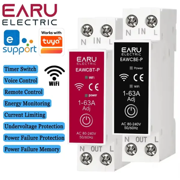 1P+N 63A Tuya eWeLink WiFi Smart Circuit Breaker MCB Time Power Energy kWh Voltage Current Meter Protector Voice Remote Control