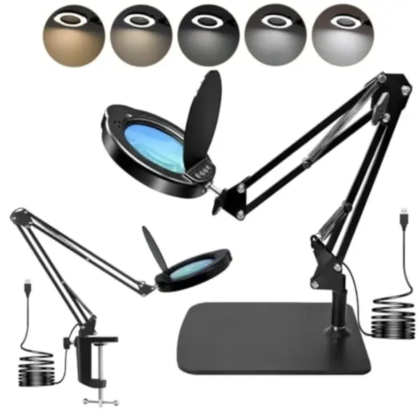 15X Magnifying Glass Desk Lamp with Clamp and Base Real Glass Lens 84 LEDs 5 Color Modes Dimmable Led Lamp Magnifier with Dust