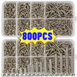 Set of 800 Self-Tapping Wood Screws, M2 Phillips Flat Head Screws for Sheet Metal, Assortment Kit of Self-Screws with Lock Nuts
