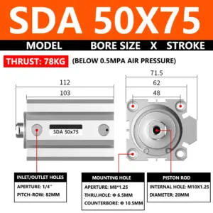 ABILKEEN SDA50X75 SDA Series Thin Air Cylinder 50MM Female Thread Bore X 75MM Stroke Double Acting Pneumatic Compact Cylinder