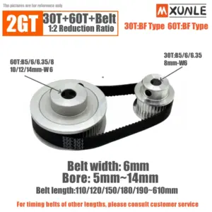 GT2 Timing Pulley Kit 60 Teeth 30 Teeth 1:2 Reduction Ratio Width 6mm Tensioning Wheel Synchronous 3D Printer 2GT 60T 30T