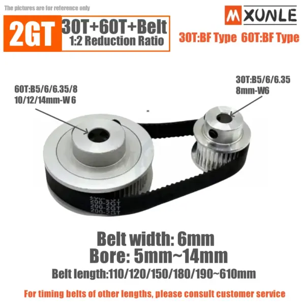 GT2 Timing Pulley Kit 60 Teeth 30 Teeth 1:2 Reduction Ratio Width 6mm Tensioning Wheel Synchronous 3D Printer 2GT 60T 30T