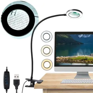 Magnifying Glass with 3 Color Modes LED Lighted Desk Lamp with Metal Clamp Flexible Gooseneck Magnifier for Reading Nail Art