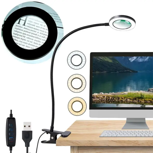 Magnifying Glass with 3 Color Modes LED Lighted Desk Lamp with Metal Clamp Flexible Gooseneck Magnifier for Reading Nail Art
