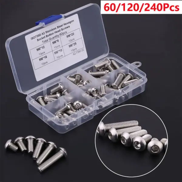 60/120Pcs Stainless Steel Hex Socket Button Head Screws M6 Nut Assortment Kit Ultra Thin Super Low Flat Wafer Head Screw Bolt