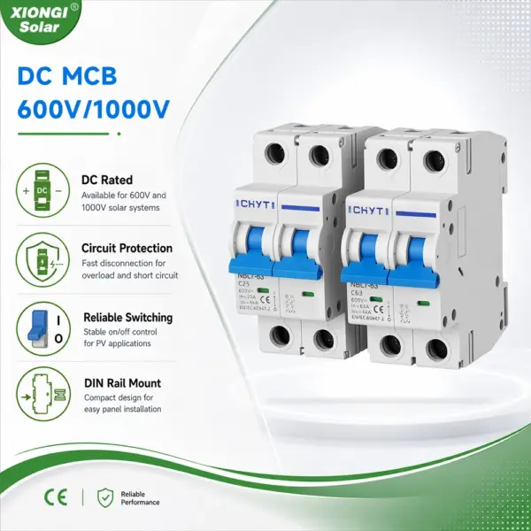 XIONGISOLAR 2P 600V/1000V 16A 25A 32A 40A 50A63A PV Miniature Circuit Breakers Din Rail DC  Mini Circuit Breaker MCB for Solar