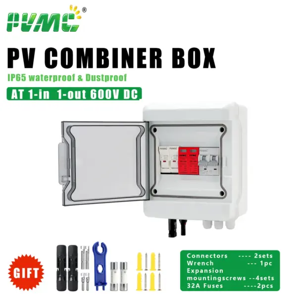 1 in 1 out AT DC 600V Solar photovoltaic PV Combiner Box With Lightning Protection 32A Fuse MCB SPD Waterproof IP65 Distribution