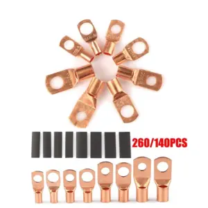 60/140/260Pcs SC6-25 Copper Terminal Connectors Assortment Tinned Copper Ring Lug Connector Wire Heat Shrink Tubes Kit