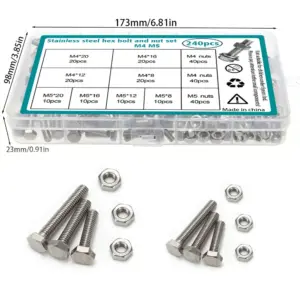 240-piece set of stainless steel hex bolts and nuts, M4 and M5, lengths 8mm, 12mm, 16mm, and 20mm.