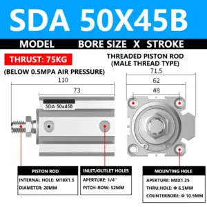 ABILKEEN SDA50X45B SDA Series Thin Air Cylinder 50MM Male Thread Bore X 45MM Stroke Double Acting Pneumatic Compact Cylinder