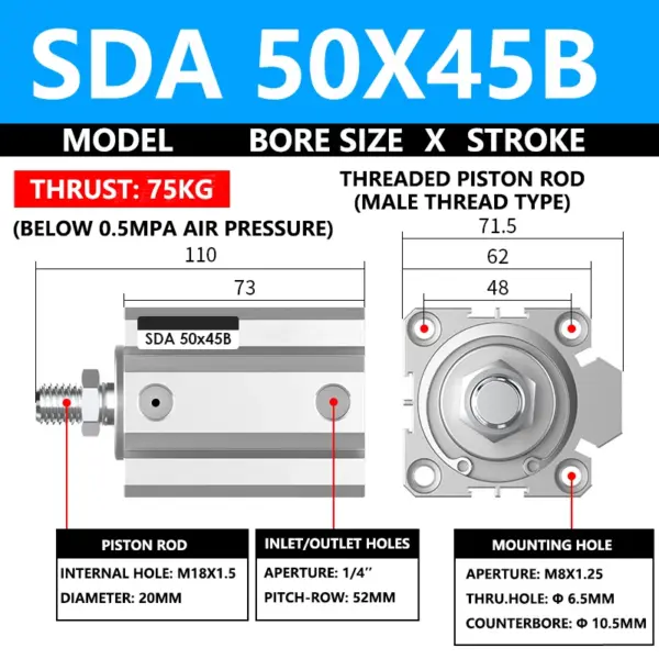ABILKEEN SDA50X45B SDA Series Thin Air Cylinder 50MM Male Thread Bore X 45MM Stroke Double Acting Pneumatic Compact Cylinder
