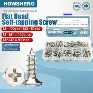 190/450/800/1300pcs Cross Flat Head Self-tapping Screws Set Assortment Kit Nickel Plated M1-M4 Phillips Head Wood Screw