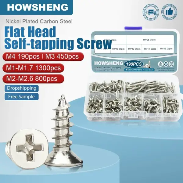 190/450/800/1300pcs Cross Flat Head Self-tapping Screws Set Assortment Kit Nickel Plated M1-M4 Phillips Head Wood Screw