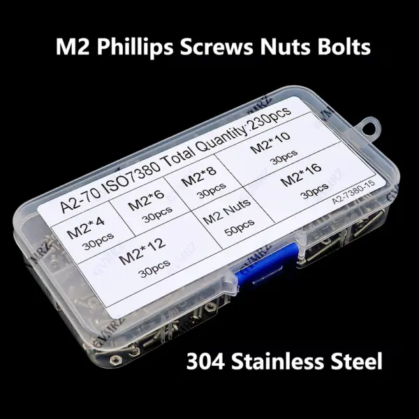 230pcs M2 Phillips Screws Nuts Bolts Button Head cap screw set Assortment Kit small screws Kit Storage Box 304 Stainless Steel