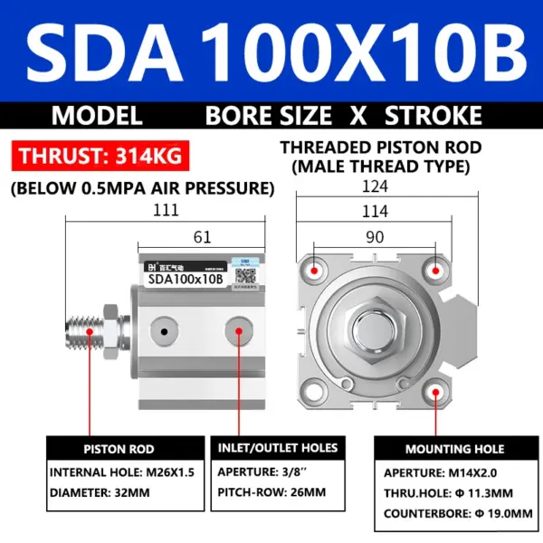 ABILKEEN SDA100X10B SDA Series Thin Air Cylinder 100MM Male Thread Bore X 10MM Stroke Double Acting Pneumatic Compact Cylinder