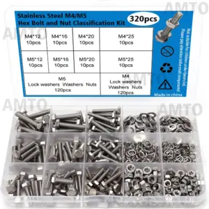 A kit of 320 stainless steel hex bolts and nuts, sizes: M4/M5, lengths: 12mm, 16mm, 20mm, 25mm.