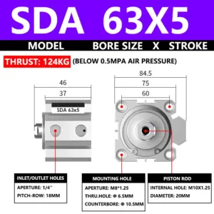 ABILKEEN SDA63X5 SDA Series Thin Air Cylinder 63MM Female Thread Bore X 5MM Stroke Double Acting Pneumatic Compact Cylinder