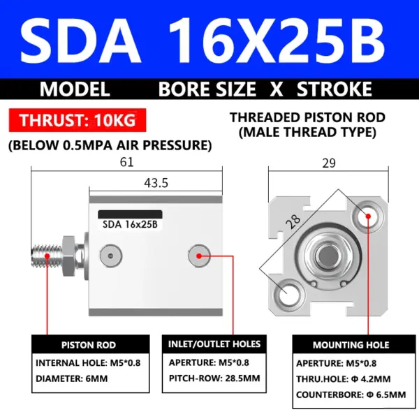 ABILKEEN SDA16X25B SDA Series Thin Air Cylinder 16MM Male Thread Bore X 25MM Stroke Double Acting Pneumatic Compact Cylinder